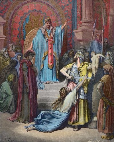 Das Urteil Salomos - Salomo spricht das Urteil, das Baby zwischen den beiden Klägerinnen zu teilen - Gravur von Gustave Doré (1832-1883) - spätere Kolorierung von Gustave Dore