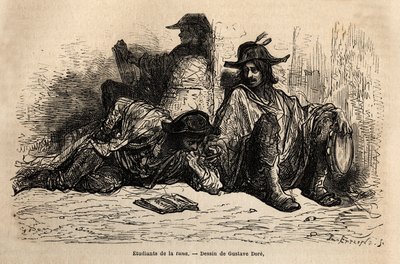 Studenten der Tuna (oder Tunantes) im Bezirk der Universität von Alcala de Henares, die Besonderheit dieser Studenten, die ein müßiges, freies und wanderndes Leben angenommen haben, ist es, nicht zu studieren, Skizze nach dem Leben von Gustave Dore. Gravur von Gustave Dore