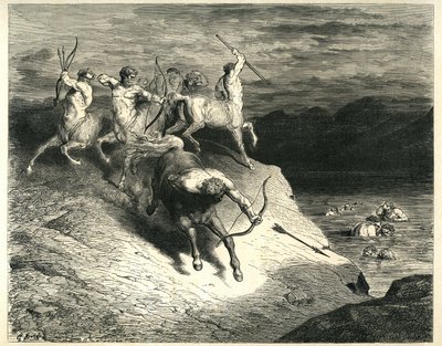 Die Kentauren schießen Pfeile auf Verdammte, die aus den Sümpfen des Styx auftauchen. Gravur aus Die Hölle von Dante Alighieri (Die Göttliche Komödie), illustriert von Gustave Doré. Französische Ausgabe von 1861 von Gustave Dore