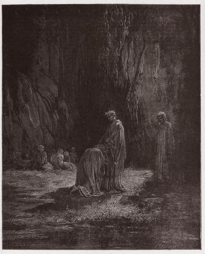 Die Göttliche Komödie, Purgatorio, Gesang 7: Der Dichter Sordello, erstaunt, kniet vor Virgil - von Dante Alighieri (1265-1321) - Illustration von Gustave Doré (1832-1883) von Gustave Dore