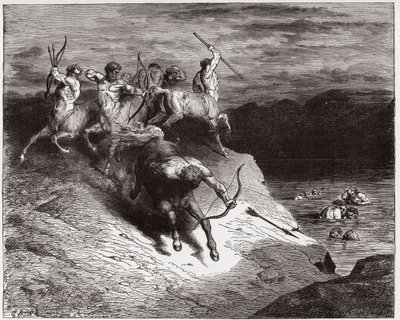 Die Göttliche Komödie, Inferno, Gesang 12: Die Zentauren greifen die Seelen im kochenden Blut an (Illustration von Gustave Doré) von Gustave Dore