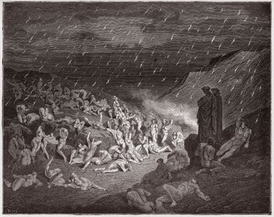 Die Göttliche Komödie (La Divina Commedia), Inferno, Gesang 14: Die Gewalttätigen, gequält im Feuerregen - von Dante Alighieri (1265-1321) - Illustration von Gustave Doré (1832-1883) von Gustave Dore