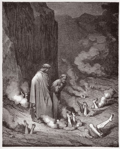 Die Göttliche Komödie, Inferno, Gesang 19: Dante tadelt Papst Nikolaus III. in der vierten Bolgia - von Dante Alighieri (1265-1321) - Illustration von Gustave Doré (1832-1883) von Gustave Dore