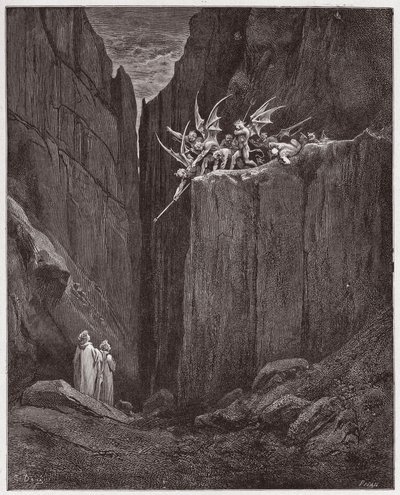 Die Göttliche Komödie, Inferno, Gesang 23: Die Dichter entkommen den Dämonen der fünften Bolgia (Illustration von Gustave Doré) von Gustave Dore
