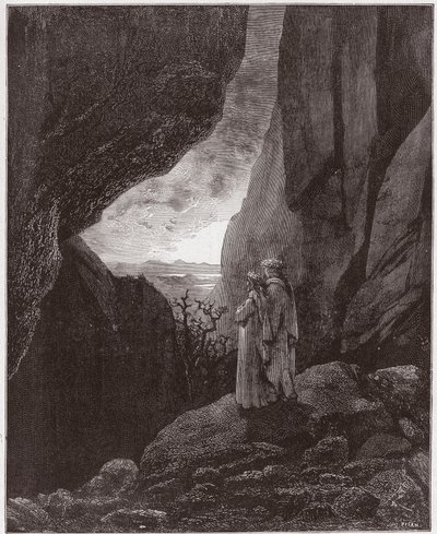 Die Göttliche Komödie, Inferno, Gesang 34: Virgil und Dante steigen in die obere Welt auf (Illustration von Gustave Doré) von Gustave Dore