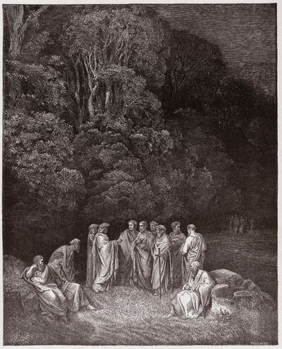 Die Göttliche Komödie, Inferno, Gesang 4: Homer, die Dichter und Helden im Limbus (Illustration von Gustave Doré) von Gustave Dore
