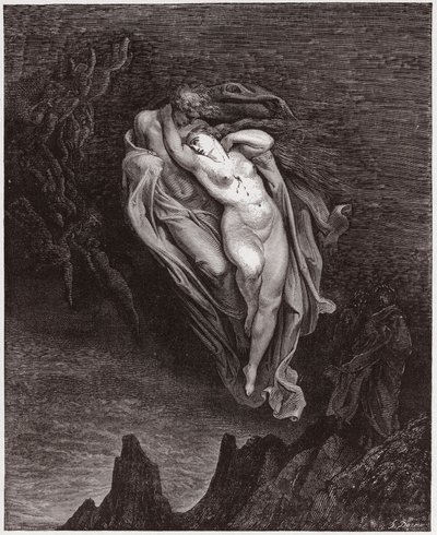 Die Göttliche Komödie, Inferno, Gesang 5: Die Seelen von Paolo und Francesca (Illustration von Gustave Doré) von Gustave Dore