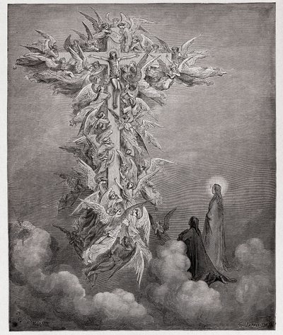 Die Göttliche Komödie, Paradiso, Gesang 14: Dante und Beatrice sehen die Engel mit Christus am Kreuz (Illustration von Gustave Doré) von Gustave Dore
