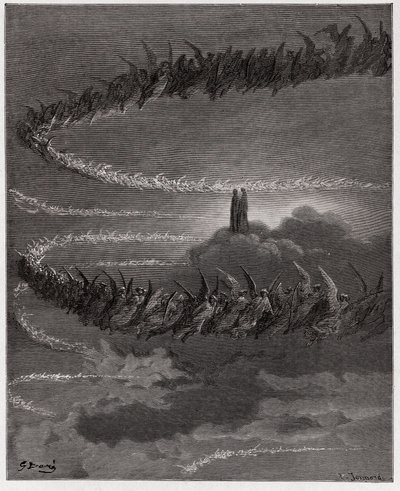 Die Göttliche Komödie, Paradiso, Gesang 18: Im Himmel von Jupiter formen die seligen Seelen Buchstaben - von Dante Alighieri (1265-1321) - Illustration von Gustave Doré (1832-1883) von Gustave Dore