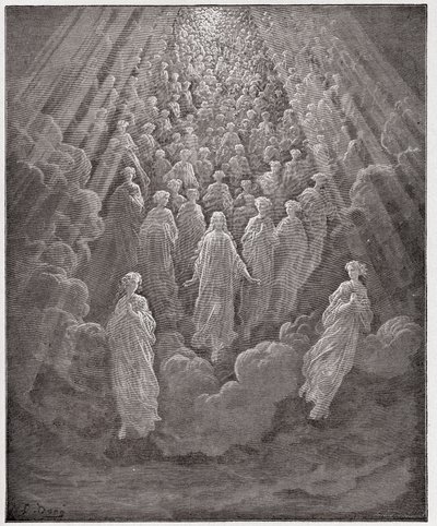Die Göttliche Komödie, Paradiso, Gesang 5: Die Schar der unzähligen leuchtenden Seelen im zweiten Reich (Illustration von Gustave Doré) von Gustave Dore