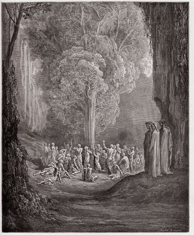 Die Göttliche Komödie (La Divina Commedia), Purgatorio, Gesang 24: Die gefräßigen Seelen weinen unter dem Baum - von Dante Alighieri - Illustration von Gustave Dore von Gustave Dore