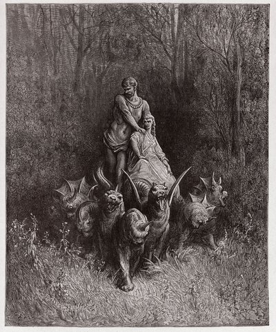 Die Göttliche Komödie, Purgatorio, Gesang 32: Der Riese und die Hure im Wagen (Illustration von Gustave Doré) von Gustave Dore