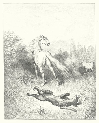 Die Fabeln von La Fontaine: Das Pferd und der Wolf (Gravur) von Gustave Dore