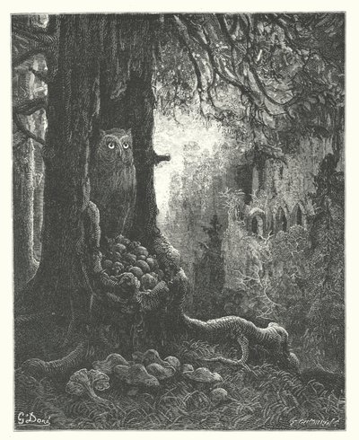 Die Fabeln von La Fontaine: Die Eule und die Mäuse von Gustave Dore