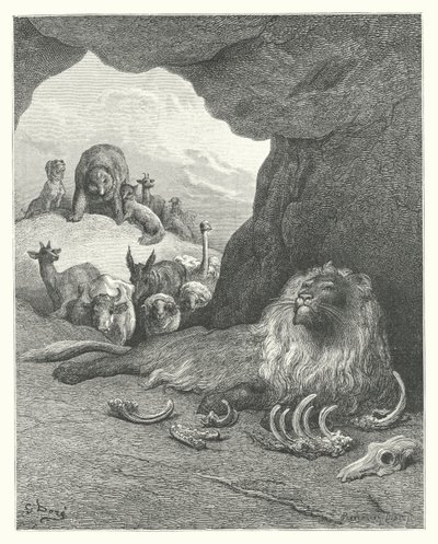 Die Fabeln von La Fontaine: Der kranke Löwe und der Fuchs (Gravur) von Gustave Dore