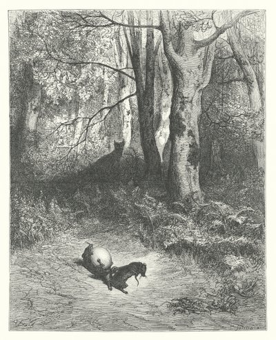 Die Fabeln von La Fontaine: Die zwei Ratten, der Fuchs und das Ei (Gravur) von Gustave Dore