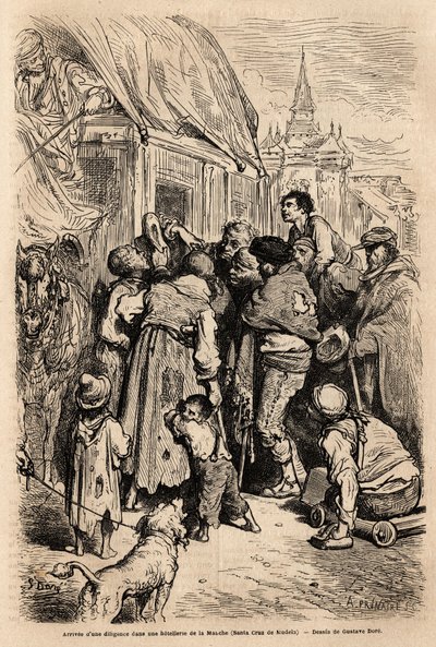 Die Ankunft der Postkutsche in einem Hotel in Santa Cruz de modela (Provinz Mancha), überfallen von Bettlern, die um Almosen bitten. Zeichnung von Gustave Dore (1832-1883). Gravur zur Illustration der Reise nach Spanien, 1862 von Charles Davillier und Gust von Gustave Dore