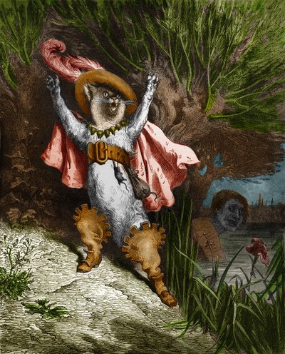 Der gestiefelte Kater ruft um Hilfe. Gravur von Gustave Doré (1832-1883) aus „Die Märchen“ von Charles Perrault (1628-1703) von Gustave Dore