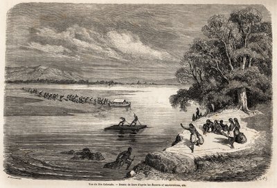 Die Überquerung des Colorado River auf einem Floß, begleitet von einigen Mohave-Indianern, Zeichnung von Gustave Doré (1832-1883), zur Illustration der Reise vom Mississippi zum Pazifischen Ozean in den Jahren 1853-54 von Baudouin Mollhausen (1825-1905). G von Gustave Dore