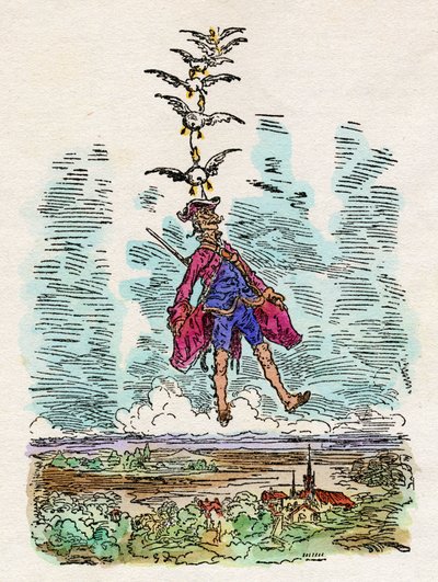 Die Enten heben den Baron von Münchhausen in die Luft. Illustration von Gustave Doré (1832-1883) für "Die wunderbaren Land- und Seeabenteuer des Barons von Münchhausen" von Rudolf Erich Raspe (1737-1794) von Gustave Dore