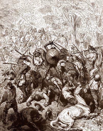 Der Kampf gegen die Maultiertreiber von Yanguas (Gravur von Gustave Doré für „Der sinnreiche Junker Don Quijote von der Mancha“ von Miguel de Cervantes 1863) von Gustave Dore