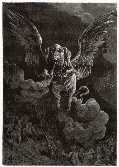 Das fliegende Schwein hinterlässt eine Gaswolke durch seine Blähungen von Gustave Dore