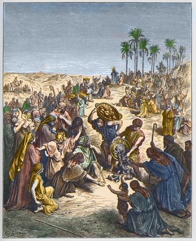 Die Brotvermehrung - Christus speist die Menge - Gravur in „The Bible illustree“ von Gustave Dore (1832-1883) - Gravur aus „The Dore Bible“ von Gustave Dore