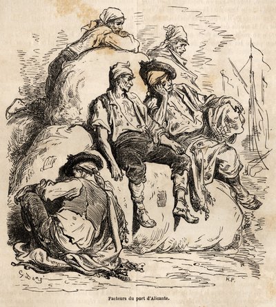 Das Nickerchen der Träger des Hafens von Alicante, Skizze von Gustave Doré (1832-1883), zur Illustration seiner Reise nach Spanien im Jahr 1862 mit Ch. Davillier. Gravur in „Le tour du monde“, herausgegeben von Edouard Charton von Gustave Dore