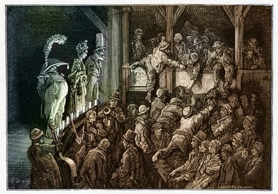 Theater: das Publikum während einer Theateraufführung. Farbige Gravur aus „London, eine Pilgerreise“ illustriert von Gustave Doré von Gustave Dore