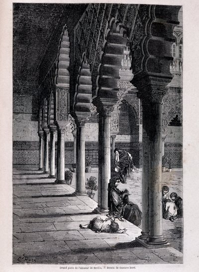 Ansicht des großen Patios des Alcázar in Sevilla - von Doré, in „Tour du Monde“, 2. Halbjahr 1866 von Gustave Dore