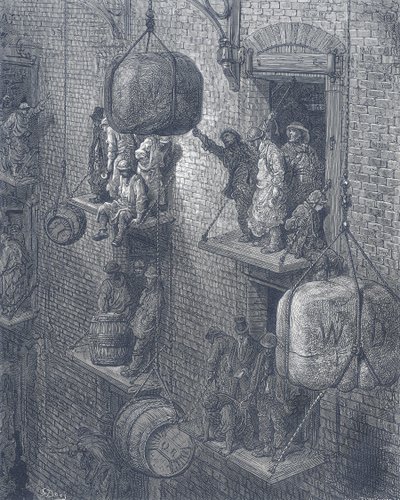 Lagerhäuser in der Stadt London. Aus Gustave Dore und Blanchard Jerrold London: A Pilgrimage London 1872. von Gustave Dore