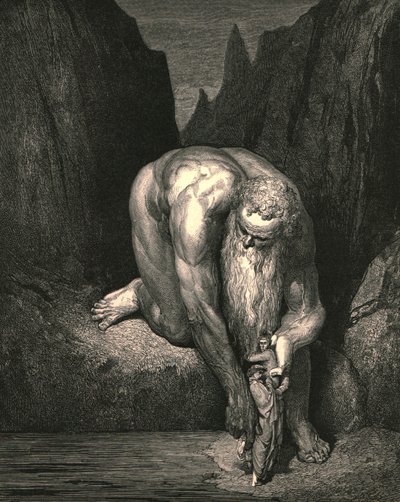 Doch in den Abgrund, wo Luzifer mit Judas tief verschlungen ist, setzte er uns leicht, ca. 1890 von Gustave Dore