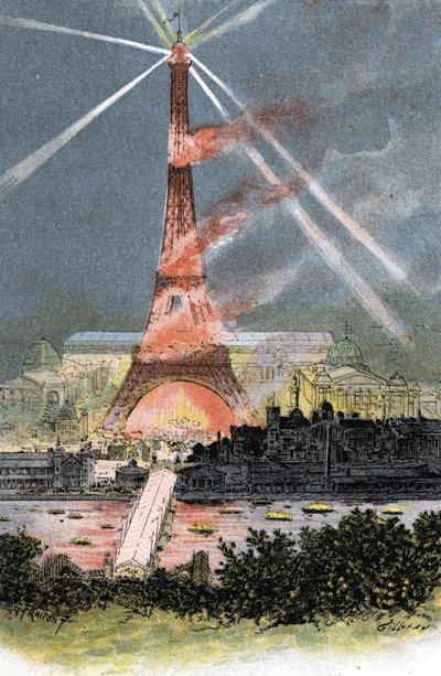 Eiffelturm beleuchtet während der Weltausstellung in Paris 1889 Zeichnung von Gustave Fraipont (1849-1923) aus „La Seine à travers Paris“ von Saint-Juirs von Gustave Fraipont