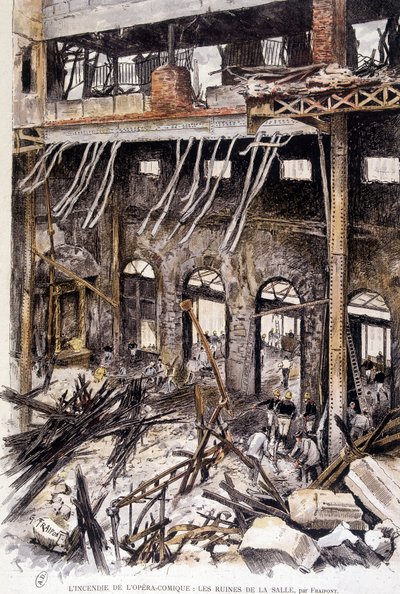 Feuerwehrleute arbeiten in den Ruinen des Opernhauses von Paris nach dem Brand, von Fraipont von Gustave Fraipont