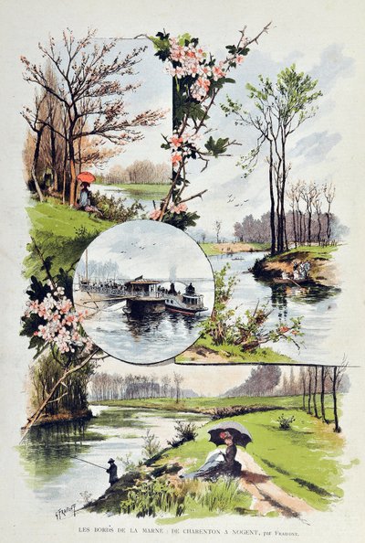 Das Ufer der Marne: von Charenton nach Nogent im Jahr 1887. Illustration von Gustave Fraipont (1849-1923). Gravur von 1887 in „Paris-Illustrous journal weekly“. von Gustave Fraipont