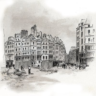 Ansicht des Place Maubert, Paris Zeichnung von Gustave Fraipont (1849-1923) aus „La Seine à travers Paris“ von Saint-Juirs von Gustave Fraipont