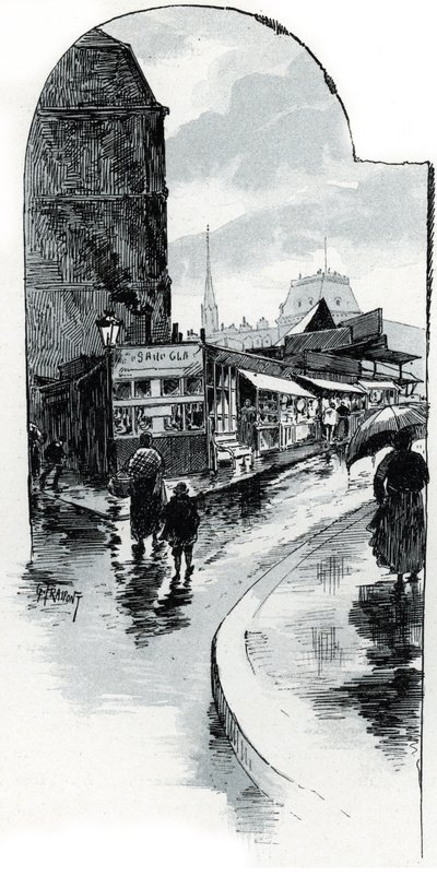 Ansicht der Trödler an der Ecke der Rue de la Bucherie in Paris (Second-Hand-Läden in der Rue de la Bucherie, Paris) Zeichnung von Gustave Fraipont (1849-1923) aus „La Seine à travers Paris“ von Saint-Juirs von Gustave Fraipont