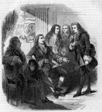 Das Treffen zwischen dem russischen Zaren Peter dem Großen (1672-1725) und Voltaire (François Marie Arouet, genannt) (1694-1778). Gravur von Gustave Janet von Gustave Janet