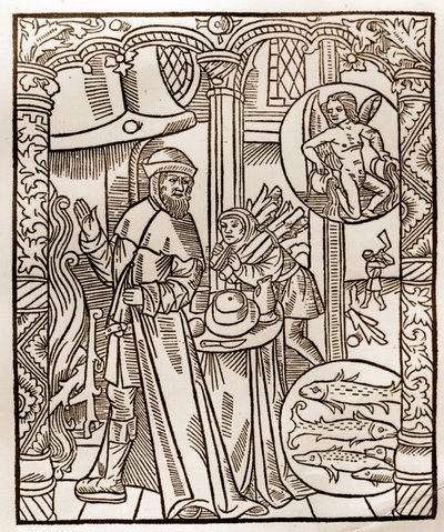 Hirtenkalender - Die Arbeiten der Monate - Februar - Holzschnitt aus dem Buch von 1496, gedruckt von Guy Marchant (Guido Mercator) in Troyes - Holzgravur in „Le grand Calendrier et compost des shepherds“ von Guy Marchant
