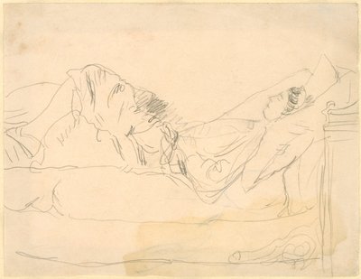 Mädchen liegt auf einem Bett von Gwen John