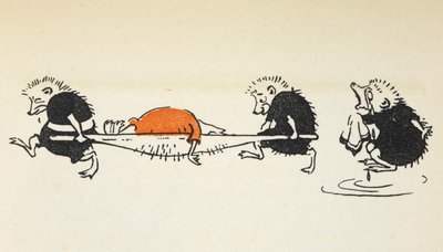 Illustration von zwei Igeln, die einen verletzten Krocketspieler tragen, gefolgt von einem weiteren weinenden Igel. von Gwynedd M. Hudson