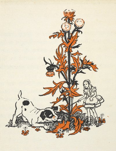 Geschrumpfte Alice und der Welpe bei einer riesigen Distel von Gwynedd M. Hudson