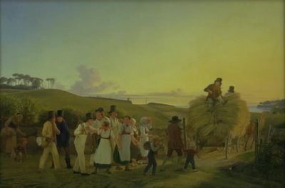 Bauern kehren mit der letzten Ladung Korn vom Feld zurück von H.J. Hammer