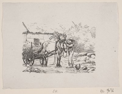 Ein Junge schmückt ein Pferdegeschirr mit grünen Zweigen von H. C. Henneberg