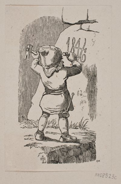 Ein Wichtel meißelt die Jahreszahl 1846 in einen Felsen von H. C. Henneberg