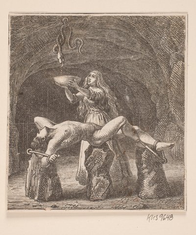 Sigyn hält die Schale zwischen der Schlange und Loki von H. C. Henneberg