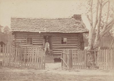 Albuminabzug einer Frau und zwei Kinder vor einem Blockhaus in Georgia, 1880er Jahre von H. S. Clark