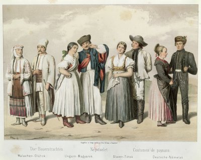 Kostüme von Bauern aus (L bis R) Rumänien, Ungarn, Slowakei und Deutschland, aus 