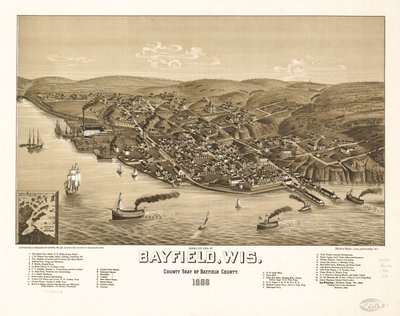 Vogelperspektive von Bayfield, Wis., Bezirkssitz von Bayfield County 1886 von H. Wellge