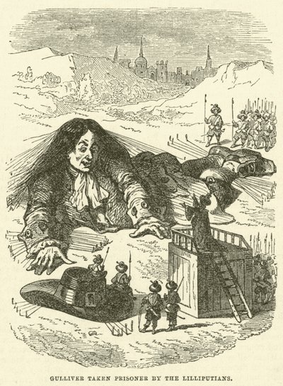 Gulliver wird von den Lilliputanern gefangen genommen (Gravur) von after Hablot Knight Browne